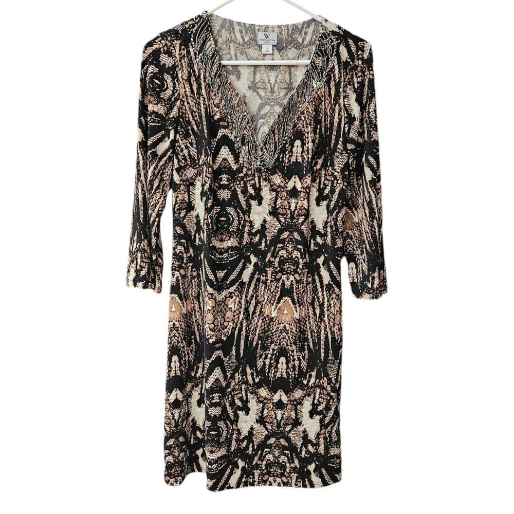 Worthington V- Neck Stretch Dress Embellished Size Small Beading Black Tan